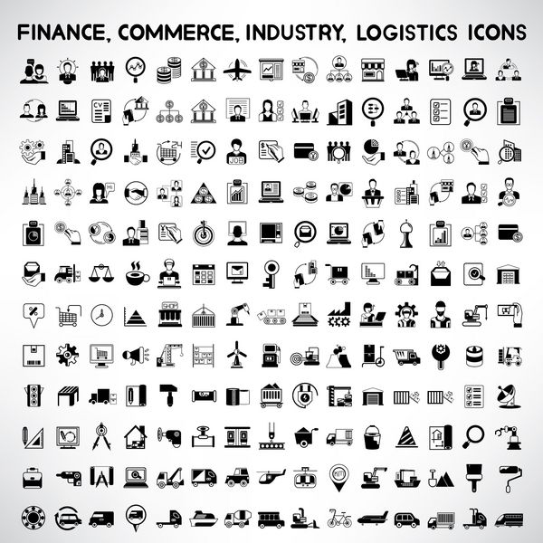 مجموعه آیکون های مالی مدیریت بازرگانی صنعت خط تولید حمل و نقل تجارت تدارکات و حمل و نقل