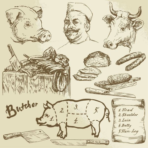 قصاب گوشت - مجموعه ای که با دست کشیده شده است