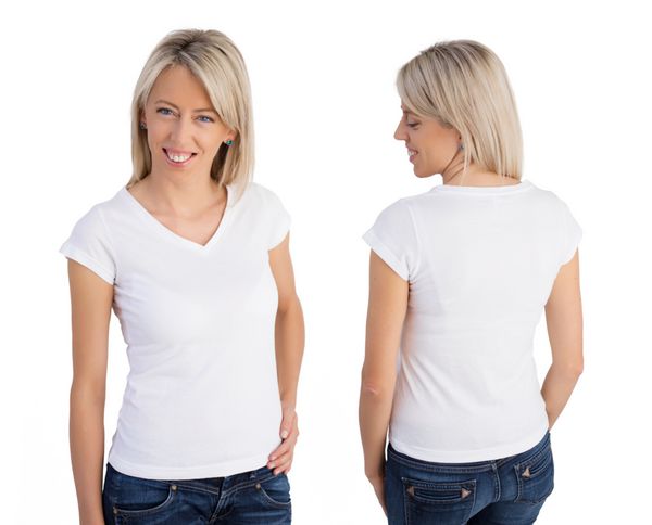 زنی که تی شرت یقه V سفید پوشیده است نمای جلو و پشت