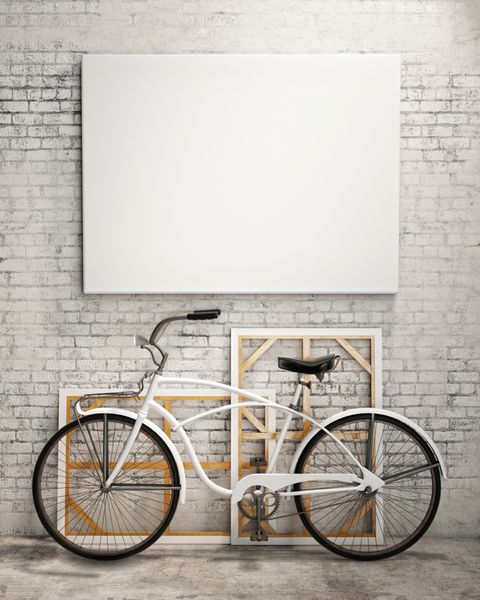 پوستر و بوم ماکت در پس‌زمینه داخلی شیروانی قدیمی با دوچرخه رندر سه بعدی