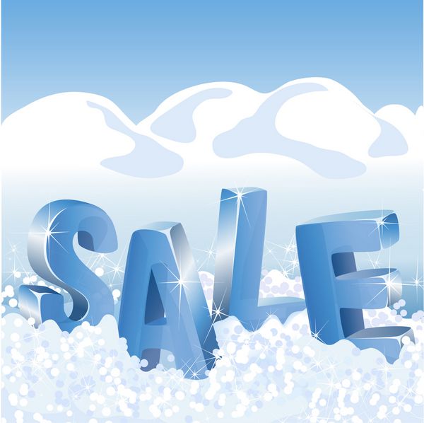 فروش زمستانی برچسب های آبی در برف سفید وکتور