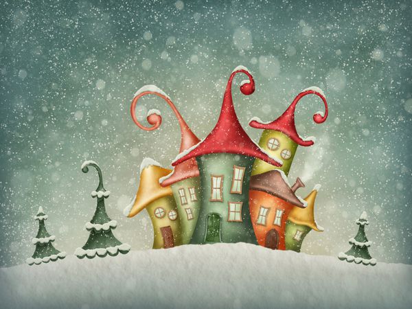 تصویرسازی با خانه های زمستانی و درختان کریسمس