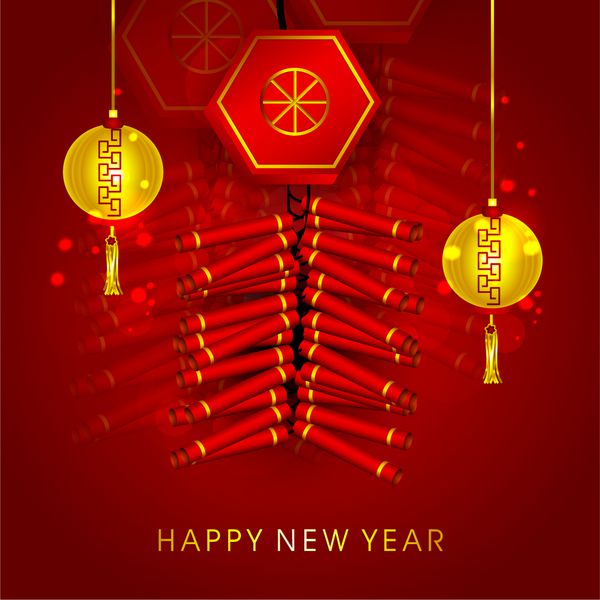 گره چینی سنتی با فانوس های طلایی آویزان در پس زمینه قرمز براق برای جشن های سال نو مبارک