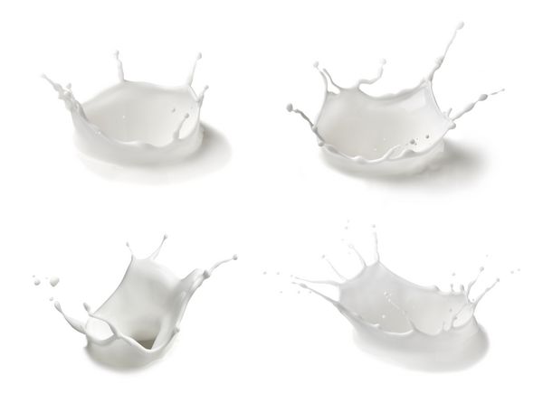 مجموعه ای از پاشش های مختلف شیر در زمینه سفید