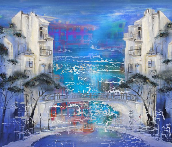 شهر برفی اثر هنری نقاشی رنگ روغن