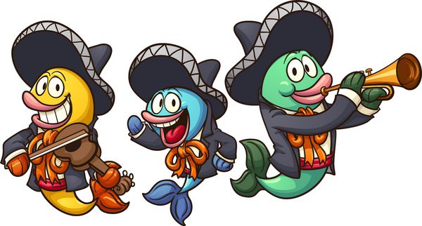 ماهی ماریاچی کارتونی وکتور وکتور کلیپ آرت با شیب های ساده هر کدام در یک لایه جداگانه