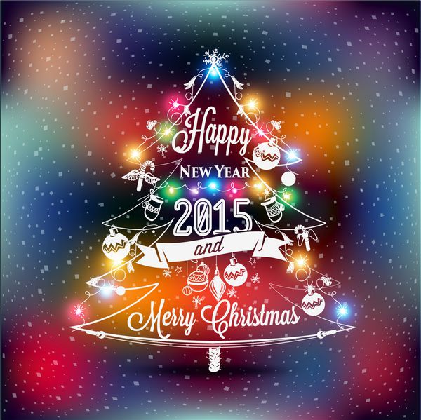برچسب کریسمس و سال نو با چراغ های رنگی روی درخت کریسمس تزیین طرح خوشنویسی با برچسب تایپوگرافی نمادهای سال نویسندگان دست کشیده کار می کنند