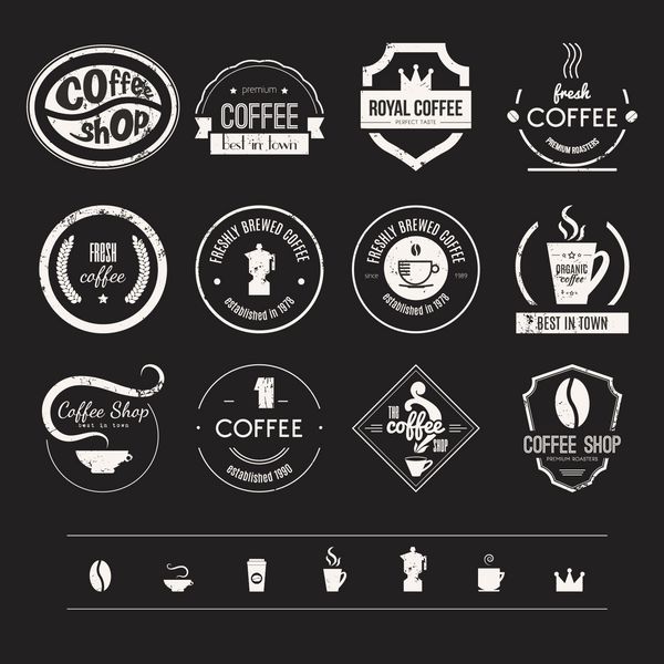مجموعه وکتور آرم کافی شاپ عناصر طراحی رستوران یا لوگوتایپ با لیوان و لوبیا روبان شکل دایره برچسب نشان با عناصر مرتبط با قهوه نشان های قدیمی