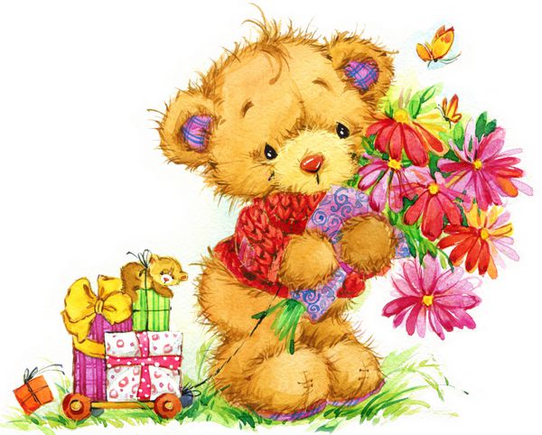 خرس عروسکی پس زمینه خنده دار برای کارت های تبریک تصویر آبرنگ