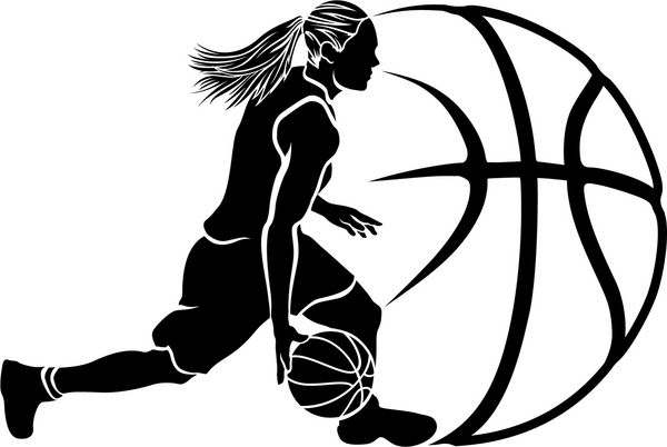 سیلوئت بسکتبال یک بسکتبالیست زن که با توپ سبک دریبل می کند