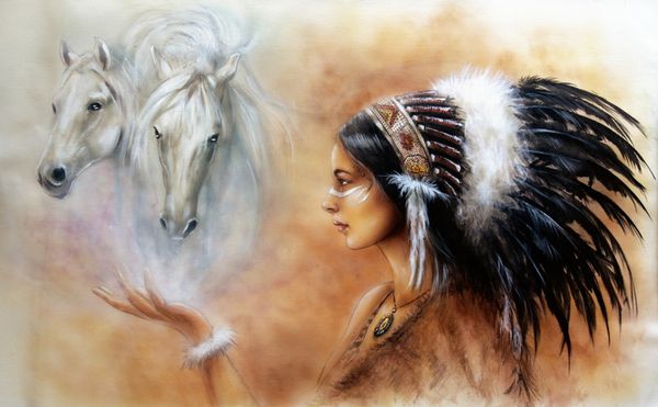 یک نقاشی با قلم مو زیبا از یک زن جوان بومی هندی که یک روسری پر زرق و برق به تن دارد با تصویری از دو روح اسب سفید که بالای کف دست او پرتره است