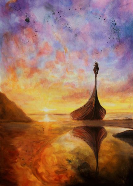 یک نقاشی رنگ روغن زیبا روی بوم یک قایق کوچک که در یک خلیج کم عمق در غروب آفتاب استراحت می کند