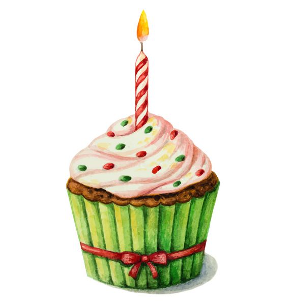 کیک کوچک با شمع در روز تولد آبرنگ وکتور