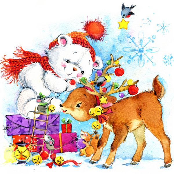 سال نو خرس عروسکی سفید پس زمینه کارت با دکوراسیون کریسمس و حیوانات جنگل نقاشی با آبرنگ