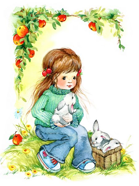 دختر بچه و خرگوش پس زمینه برای تبریک یک سری کودک و طبیعت آبرنگ