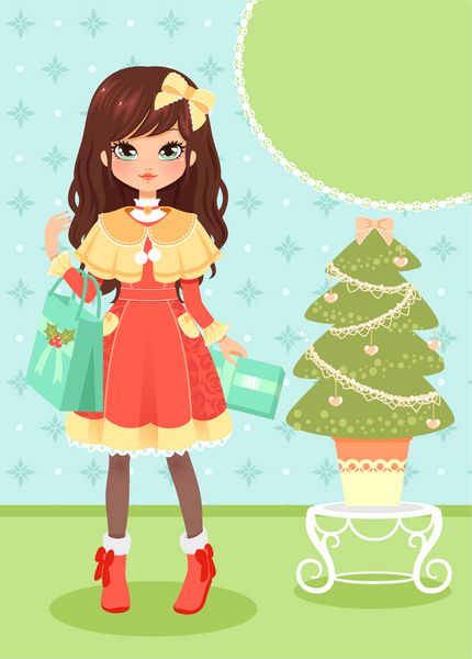 دختر بامزه ای که هدایایی را در کنار درخت کریسمس نگه می دارد