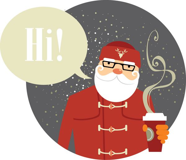 نمای نزدیک از بابا نوئل به سبک هیپستر که فنجان قهوه در دست دارد