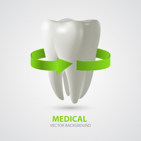 وکتور دندان سه بعدی با علامت فلش سبز پیشینه پزشکی