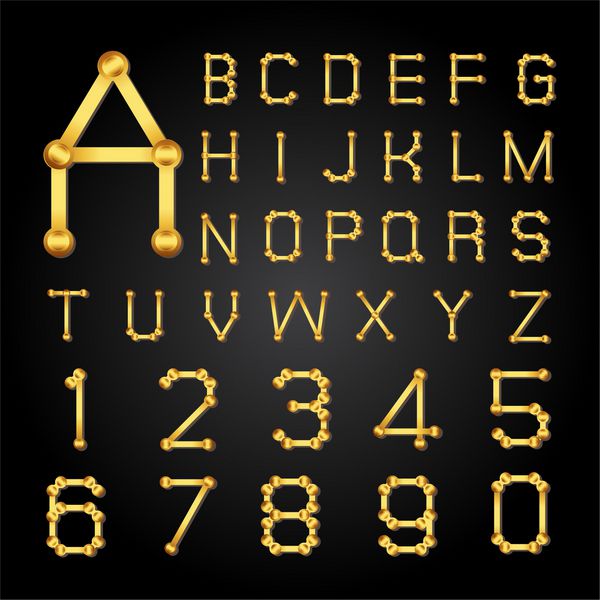 فونت الفبای رترو تایپ حروف و اعداد طلایی سبک فلز عناصر طراحی وکتور