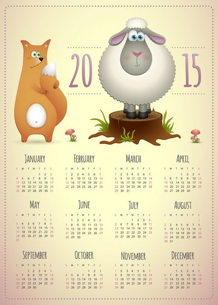 قالب تقویم 2015 طراحی زیبا با بره و روباه سال بز وکتور
