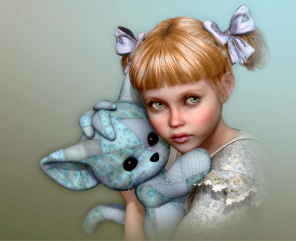 گرافیک کامپیوتری سه بعدی یک دختر زیبا با کمان در موهایش و یک اسباب بازی پر شده در بغل