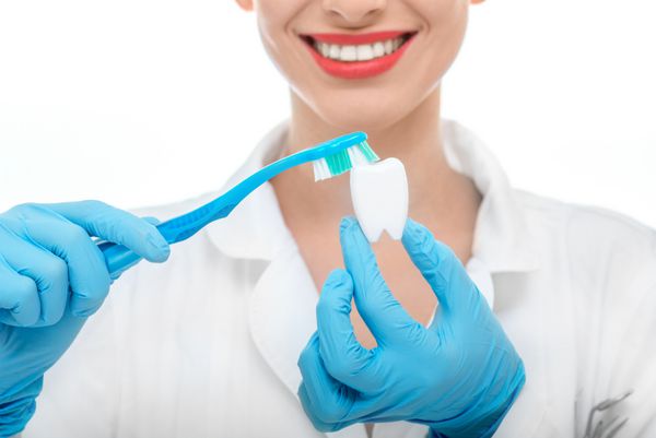 دکتر زن جوان خندان با مسواک زدن یکنواخت دندان مصنوعی روی زمینه سفید