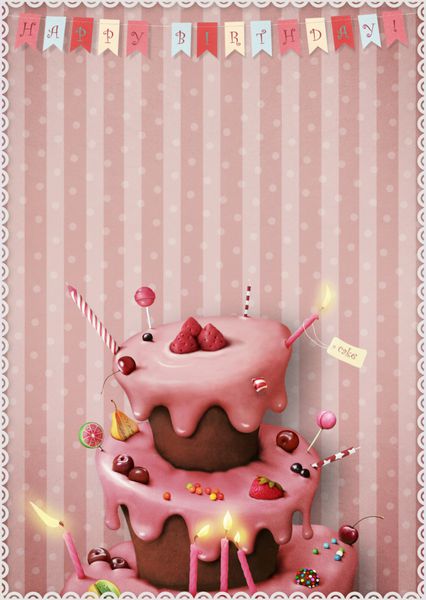 کارت تبریک یا پوستر برای جشن گرفتن با کیک و آب نبات و انواع توت ها