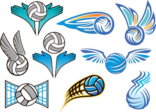 نشان‌ها و طرح‌های ورزشی والیبال با بال‌های فرشته دست‌های مردم و توپ‌های والیبال پرنده