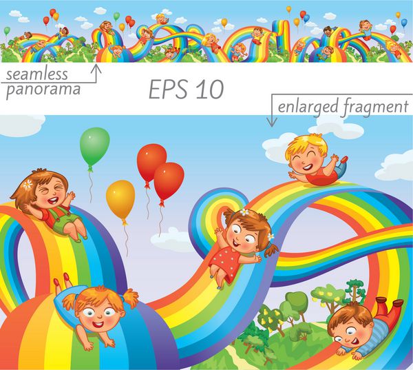 کودکان روی رنگین کمان به پایین می لغزند ترن هوایی وکتور پانورامای بدون درز