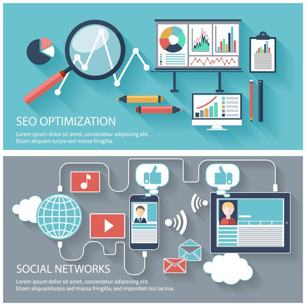 بهینه سازی سئو فرآیند برنامه نویسی و عناصر تجزیه و تحلیل وب در طراحی فلت مجموعه ای از آیکون های شبکه های اجتماعی