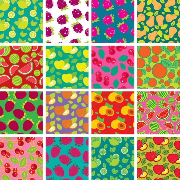 مجموعه ای از وکتور الگوهای بدون درز رنگارنگ ساده - میوه های مختلف