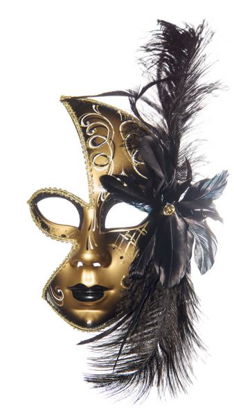 ماسک بالماسکه کارناوال پرهای سرسبز طلای سیاه در کنار پس زمینه سفید سال نو کریسمس