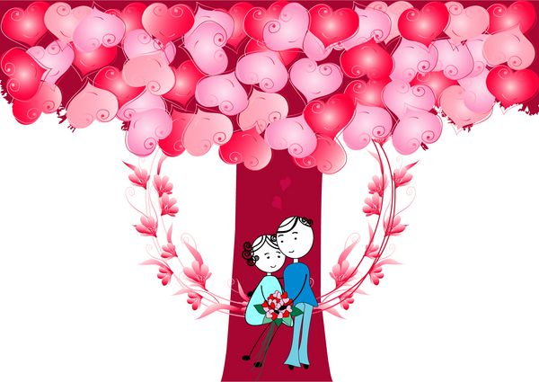 زوج عاشق دختر و پسری که روی تاب با درخت قلب نشسته اند