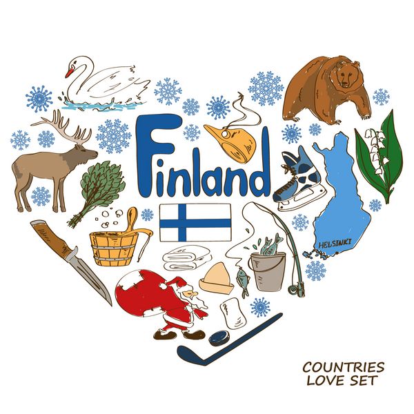 مجموعه طرح های رنگارنگ نمادهای فنلاند مفهوم شکل قلب پس زمینه سفر