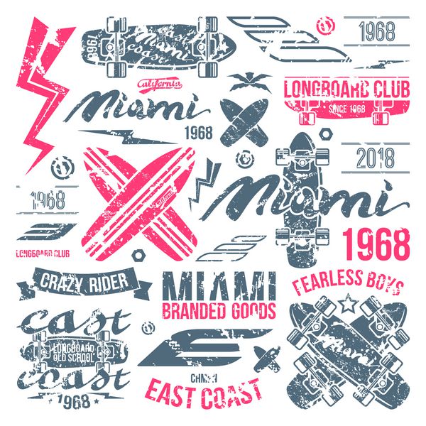نماد موج سواری و عناصر طراحی در سبک رترو طراحی گرافیکی برای تیشرت چاپ رنگی روی زمینه سفید