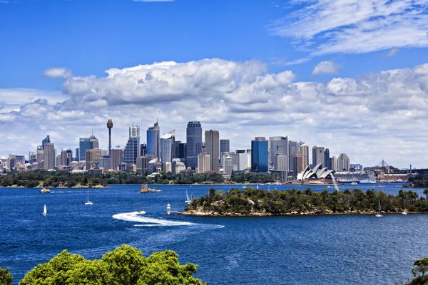 نمایی cbd شهر سیدنی استرالیا از باغ وحش تارونگا بر فراز آب های بندرگاه روز آفتابی روشن تابستانی رنگ های شاداب و ابرهای سفید در آسمان آبی