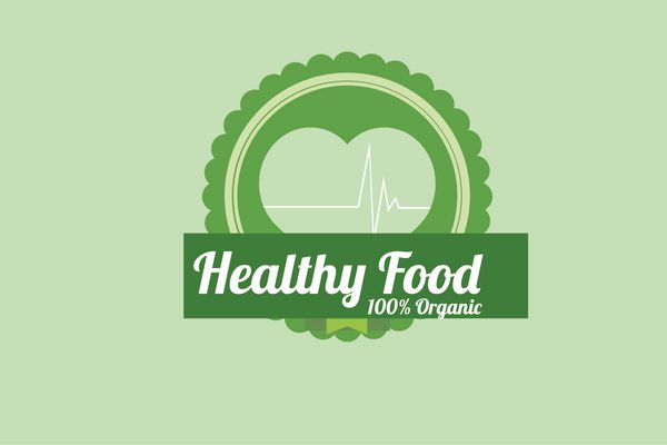 تصاویر غذای سالم قلب و تمبر روی پس زمینه سبز رنگ