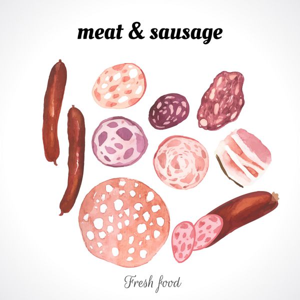 تصویرسازی آبرنگ از یک تکنیک نقاشی غذای ارگانیک تازه مجموعه ای از انواع سوسیس و کالباس و گوشت