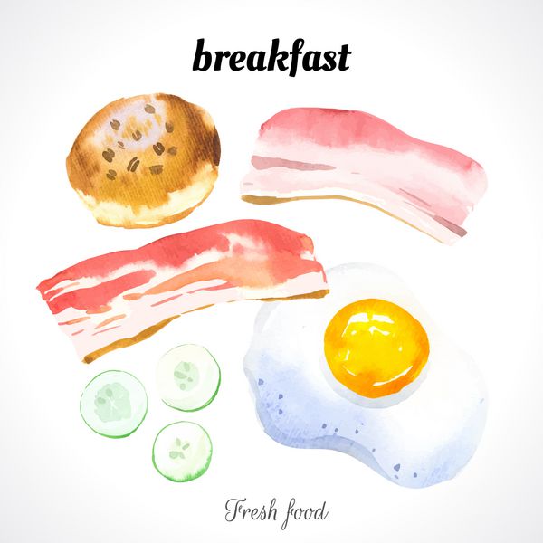 تصویرسازی آبرنگ از یک تکنیک نقاشی غذای ارگانیک تازه تنظیم وعده غذایی برای صبحانه تخم مرغ های همزده بیسکویت بیکن و خیار