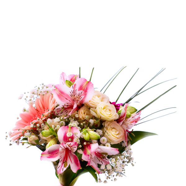 دسته گل عروس عروسی از رز سفید و نیلوفرهای صورتی جدا شده