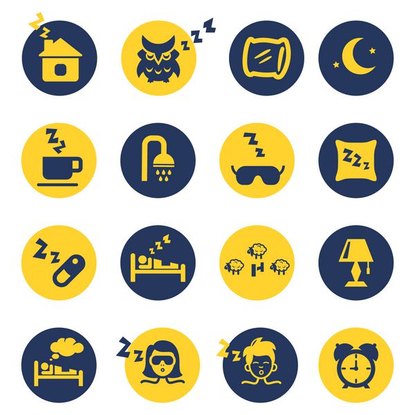 نمادهای خواب و بی خوابی جدا شده در دایره های زرد و آبی تیره وکتور