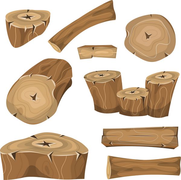 مجموعه تنه چوب تنه و تخته تصویر مجموعه ای از چوب کارتونی تخته قفسه کنده شاخه و تنه برای جنگلداری و آیکون های صنعت چوب