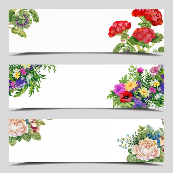 مجموعه ای از سه بنر وکتور کارت های گلدار با فیلد برای متن تصویر کامل زیر ماسک وکتور