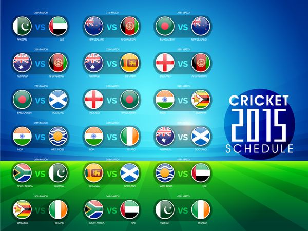 برنامه مسابقات کریکت 2015 با پرچم کشورها در پس زمینه آبی و سبز