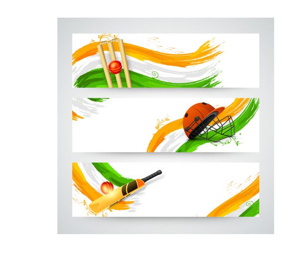 مجموعه هدر یا بنر وب سایت برای کریکت با رنگ پرچم ملی خفاش توپ و کلاه ایمنی