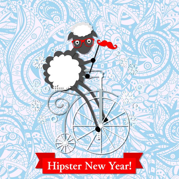 وکتور کارت تبریک سال نو با گوسفند هیپستر روی دوچرخه قدیمی با سبیل و عینک