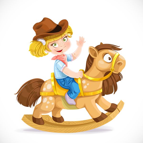 دختر کوچک ناز روی اسب اسباب بازی نشسته است