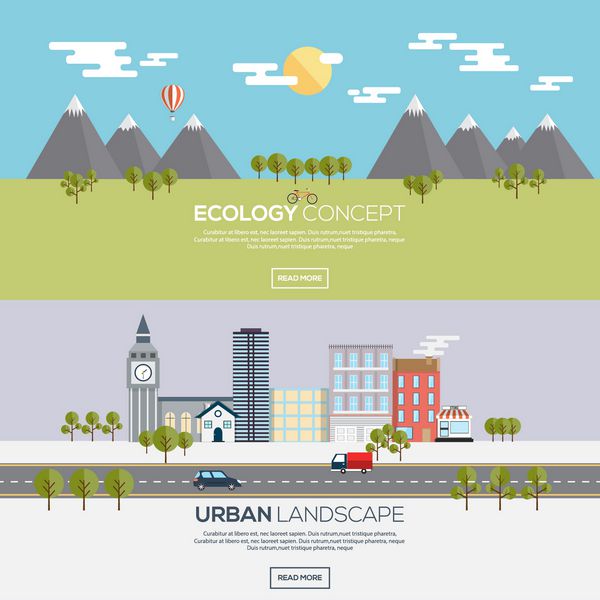 بنرهای طراحی مسطح برای مفهوم اکولوژی و منظر شهری بردار