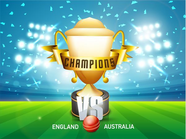 مفهوم مسابقه کریکت انگلیس و استرالیا با توپ قرمز جام برنده طلایی و روبانی که در نور استادیوم می درخشد