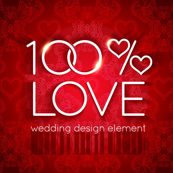 عنصر طراحی عروسی درخشان به شکل دو حلقه و قلب پر زرق و برق در متن 100 درصد عشق در پس زمینه زیورآلات رنگارنگ وینتیج قرمز